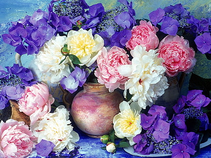 weiße, gelbe und rosa Blumen, Pfingstrosen, Hortensien, Blumen, Malerei, Krüge, Blume, Schönheit, HD-Hintergrundbild HD wallpaper