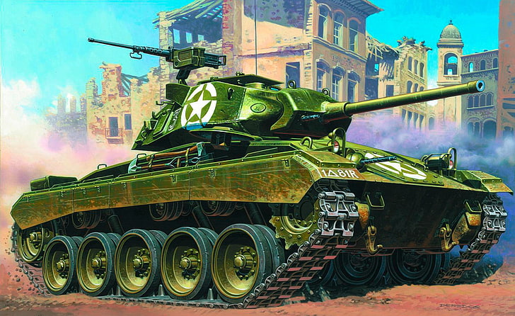 ilustração do tanque de guerra verde, fácil, arte, tanque, EUA, a batalha, Chaffee, M24 Chaffee, WW2., honra, britânicos, nomeado, geral, tanque leve, HD papel de parede