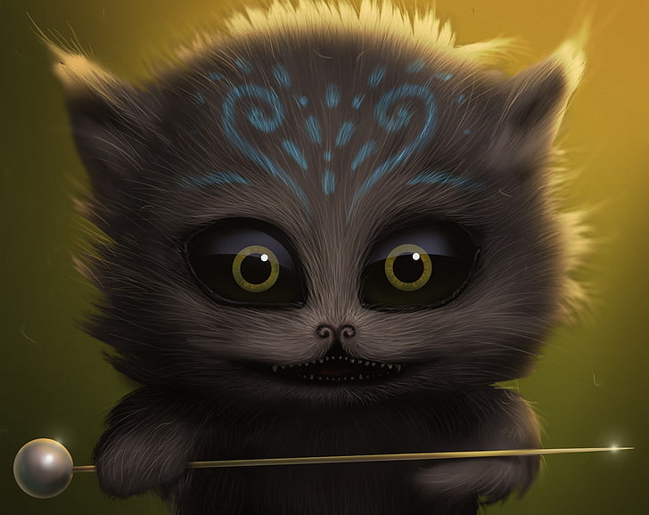 gray and blue cat illustration, art, muzzle, monster, animal, friendly, needle, HD wallpaper