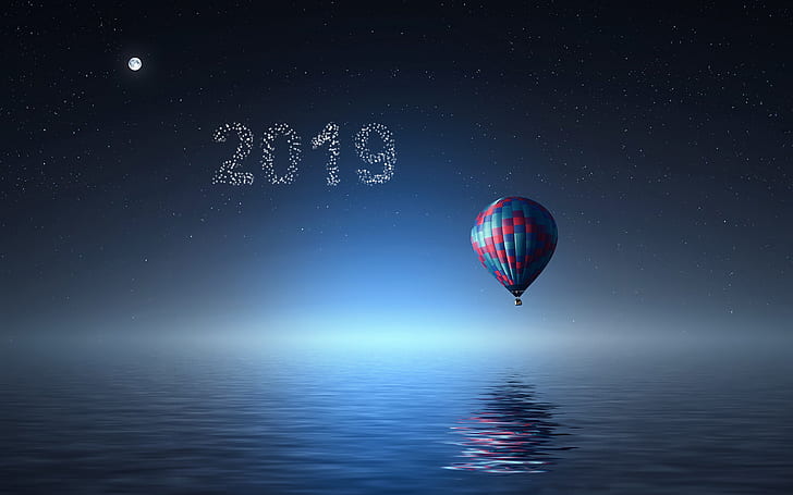 2019 (Year), sky, stars, reflection, hot air balloons, HD wallpaper