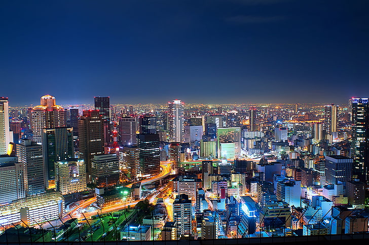 perusahaan kota, malam, lampu, Jepang, megapolis, Osaka, Wallpaper HD