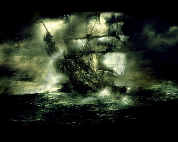 pirate ship illustration, fantasy art, war, Flying Dutchman, ship, ghost ship, HD wallpaper