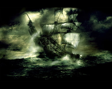 korsan gemisi illüstrasyon, fantezi sanat, savaş, uçan Hollandalı, gemi, hayalet gemi, HD masaüstü duvar kağıdı HD wallpaper