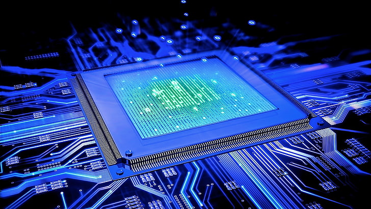 placa de circuito púrpura y verde, CPU verde y blanca, computadora, tecnología, brillante, placas de circuito, cian, azul, chips, Fondo de pantalla HD