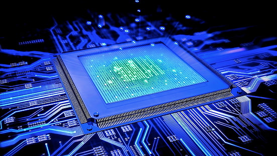 placa de circuito púrpura y verde, CPU verde y blanca, computadora, tecnología, brillante, placas de circuito, cian, azul, chips, Fondo de pantalla HD HD wallpaper