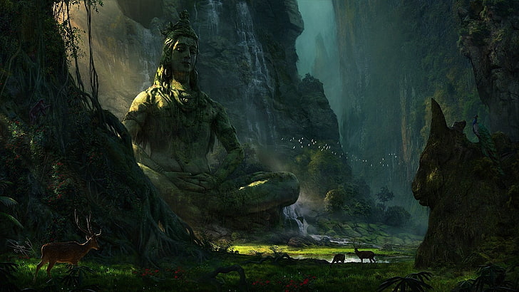 Ciervo, tierra, lago, paisaje, montaña, naturaleza, Shiva, estatua, cascada, Fondo de pantalla HD