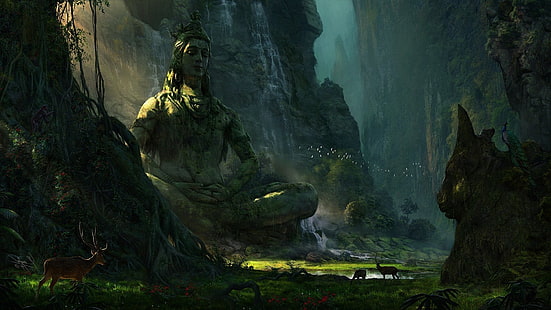 Hirsch, Erde, See, Landschaft, Berg, Natur, Shiva, Statue, Wasserfall, HD-Hintergrundbild HD wallpaper