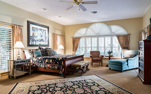 conjunto de móveis de quarto de cores sortidas, quarto, travesseiro, design, janela, cama, cadeira, HD papel de parede HD wallpaper