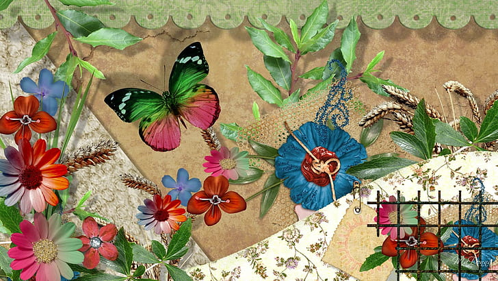 A Summers Wish, spring, firefox persona, vintage, paper, butterfly, summer, flowers, plants, 3d and abstract, HD wallpaper