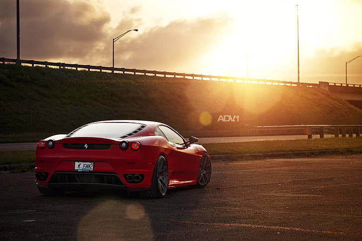 red Ferrari coupe, the sun, red, track, the evening, car, F430, Ferrari, Ferrara, HD wallpaper