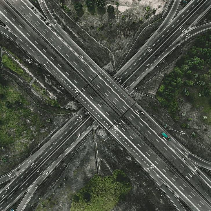 interchange road, roads, aerial view, traffic, direction, HD wallpaper