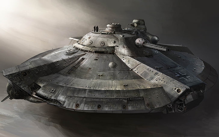 gepanzertes fliegendes Schiff-Militär Widescreen Wallpaper, rundes graues gepanzertes Fahrzeug, HD-Hintergrundbild