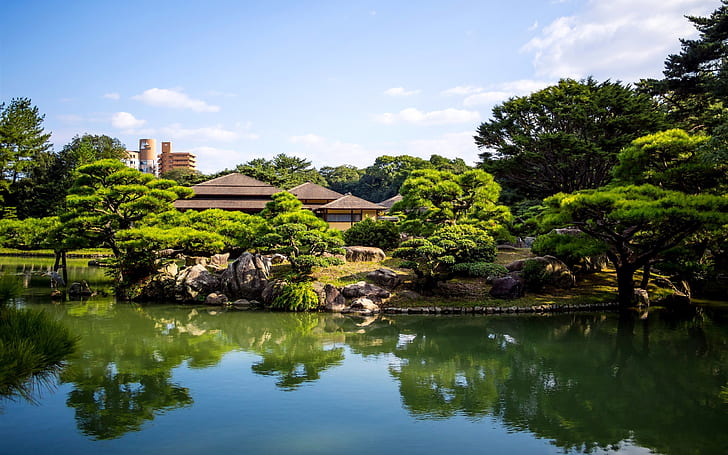 Japan Ritsurin garden, pond, trees, house, Japan, Ritsurin, Garden, Pond, Trees, House, HD wallpaper