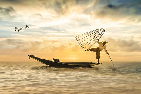 fishing, sea, boat, water, fisherman, HD wallpaper HD wallpaper