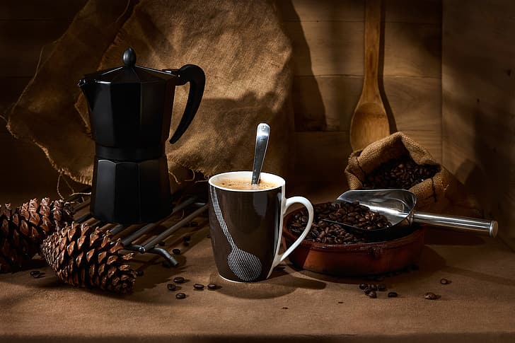 still life, food, pinecone, coffee, cup, spoon, coffee beans, HD wallpaper