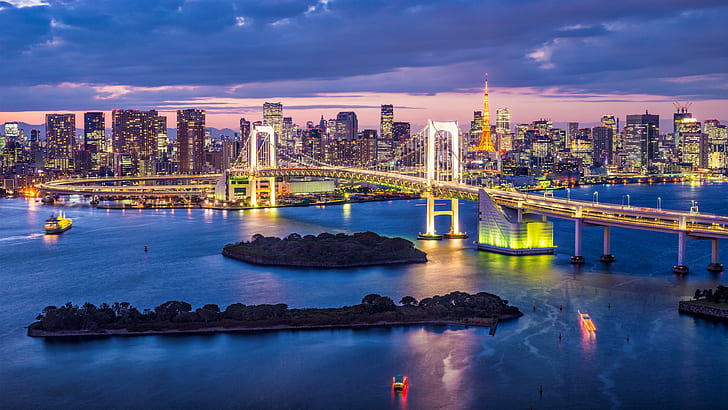 Ponti, Rainbow Bridge, Baia, Ponte, Edificio, Città, Isola, Giappone, Luce, Skyline, Tokyo, Baia di Tokyo, Sfondo HD