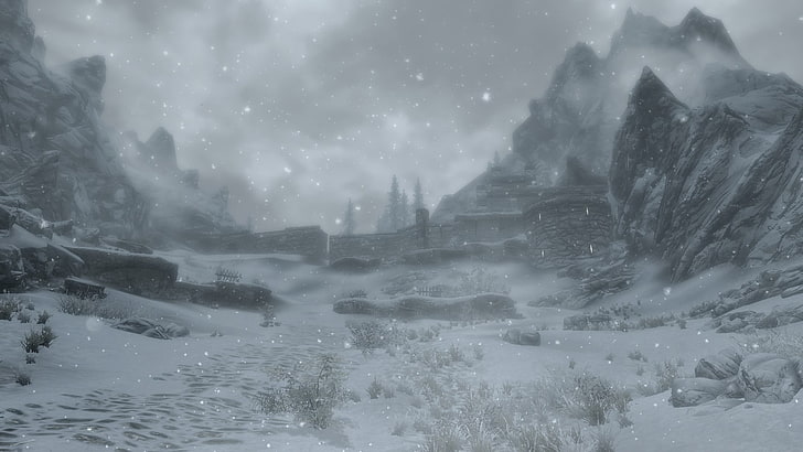 benteng, pemandangan, musim dingin, salju, pegunungan, The Elder Scrolls V: Skyrim, Wallpaper HD