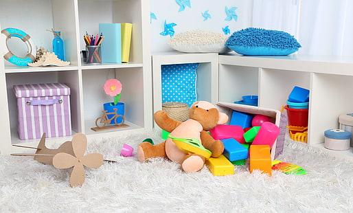 lotto di giocattoli a colori assortiti, giocattoli, oggetti, angolo per bambini, stanza dei bambini, Sfondo HD HD wallpaper