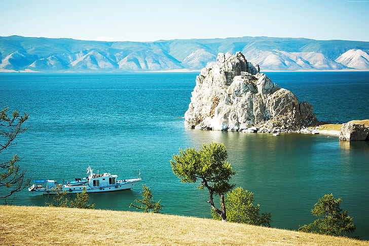 5k, бряг, езеро, Байкал, скали, 4k, HD тапет