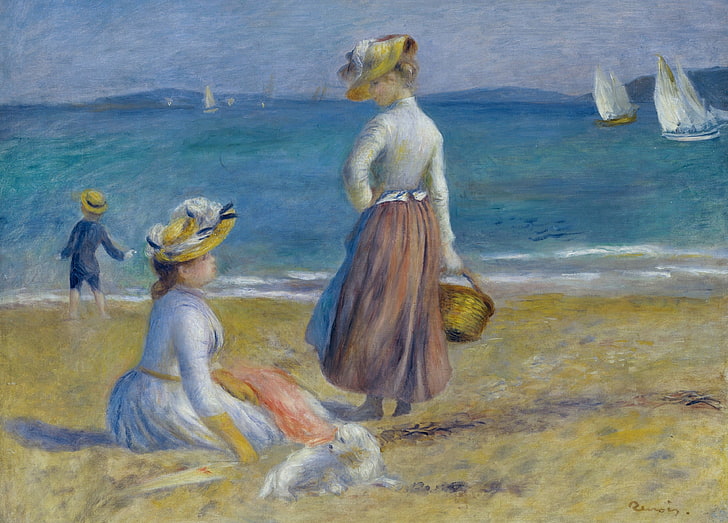 sea, girls, boat, picture, sail, Pierre Auguste Renoir, Figures on the Beach, HD wallpaper