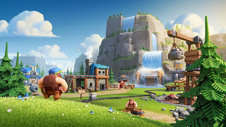 Clash of Clans, waterfall, video game art, clouds, cranes (machine), HD wallpaper