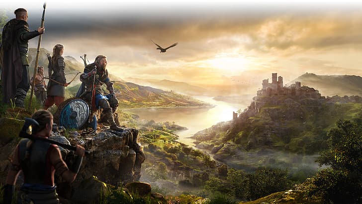 Assassin's Creed: Valhalla, Assassin's Creed, vikingo, hacha, escudo, cuervo, lago, castillo, horizonte, videojuegos, videojuegos, arte digital, Fondo de pantalla HD