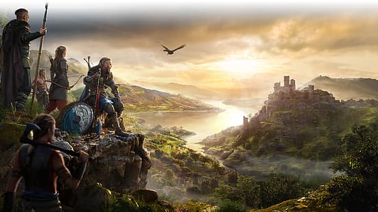 Assassin's Creed: Valhalla, Assassin's Creed, vichingo, ascia, scudo, corvo, lago, castello, orizzonte, videogiochi, videogiochi, arte digitale, Sfondo HD HD wallpaper