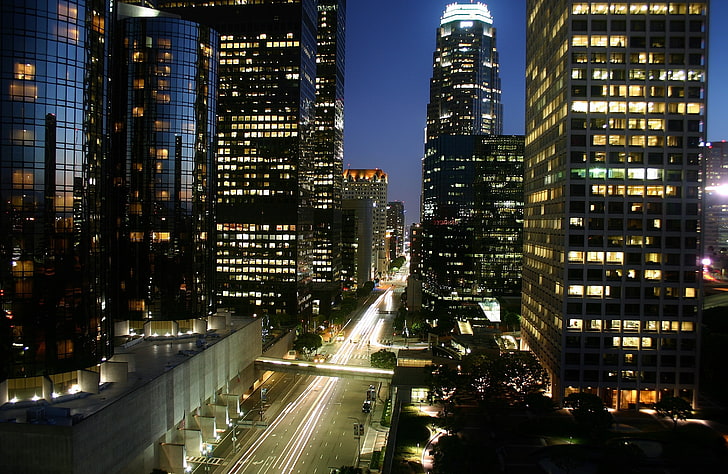 high-rise buildings, Los Angeles, night, light trails, cityscape, skyscraper, HD wallpaper