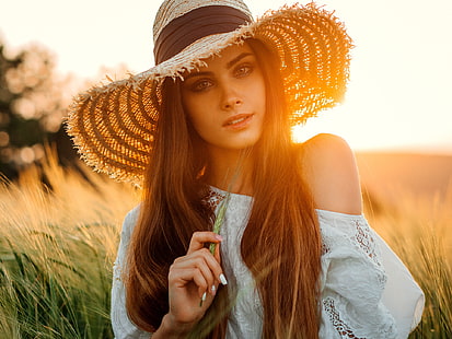 wanita, Evgeny Freyer, topi, potret, rambut panjang, Wallpaper HD HD wallpaper