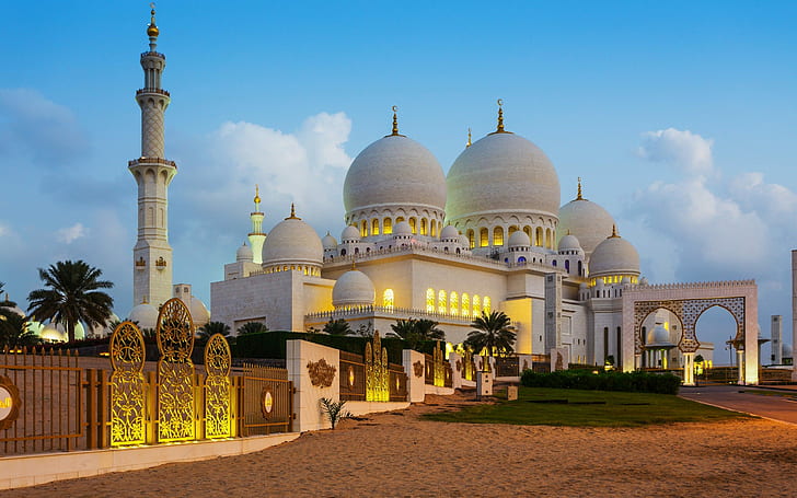 Sheikh Zayed Grand Mosque Evening Night Lights Abu Dhabi Clear Hd Wallpaper 2560×1600, HD wallpaper