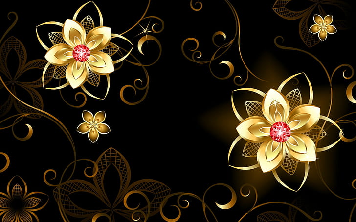 Gold flowers abstraction, black and gold flower printed picture, abstraction, gold, flowers, pebbles, HD wallpaper