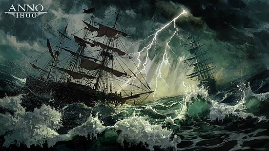 Anno 1800, 1800-е, цифровое искусство, концепт-арт, произведение искусства, Ubisoft, океанский бой, парусный корабль, шторм, волны, молния, фрегаты, море, HD обои HD wallpaper