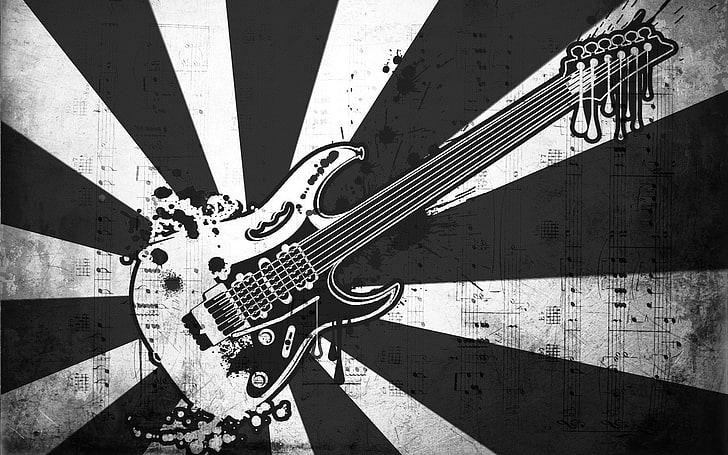 electric guitar illustration, notes, music, black and white, vector, Guitar, HD wallpaper
