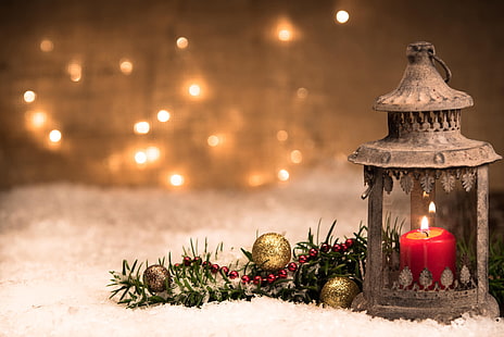 gray candle lantern, balls, candle, branch, Christmas, lantern, New year, bokeh, HD wallpaper HD wallpaper
