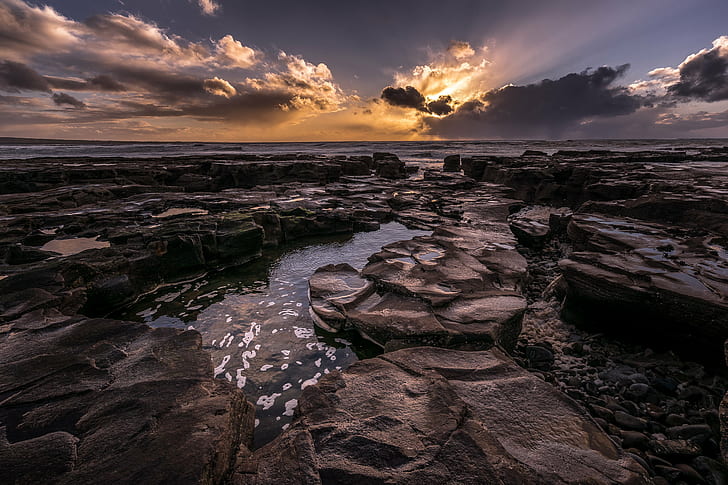 body of water and rock beach with ocean in background, liscannor, clare, ireland, liscannor, clare, ireland, Liscannor, co. Clare, Ireland, Seascape, photography, body of water, rock, beach, ocean, background, photo, landscape, fullframe, ultra, sunset, light, orange, clouds, blu, travel, sea, sony a7, sky, europe, geotagged, IE, nature, dusk, rock - Object, water, scenics, coastline, sunrise - Dawn, HD wallpaper