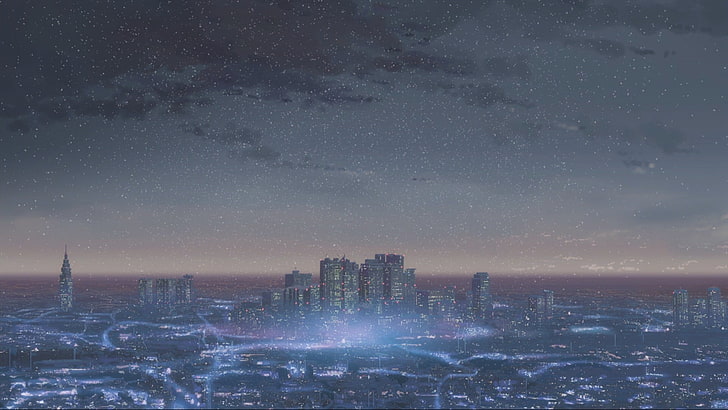 вид с воздуха на город, Макото Синкай, аниме, 5 сантиметров в секунду, HD обои