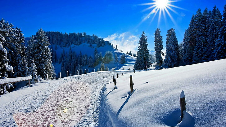 зима, снег, природа, небо, горный хребет, дерево, замерзание, зимняя страна чудес, гора, снежный, зимний пейзаж, мороз, ель, солнечный свет, солнечный день, HD обои