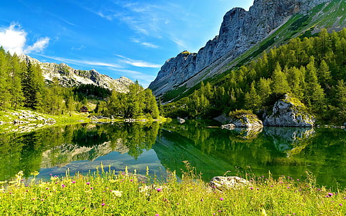 Lake Triglav-slovenia, clouds, lovely, stones, lake, lakeshore, nice, grass, beautiful, greenery, slovenia, shore, flowers, HD wallpaper HD wallpaper
