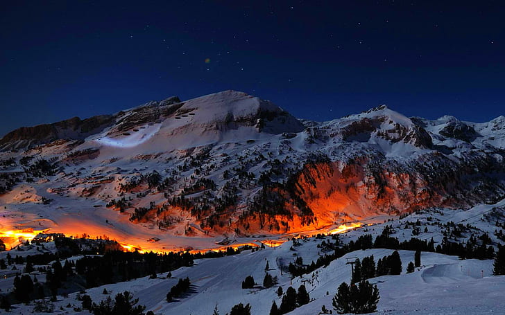 Luzes da noite de montanha, inverno, natureza, montanha, noite, luzes, HD papel de parede