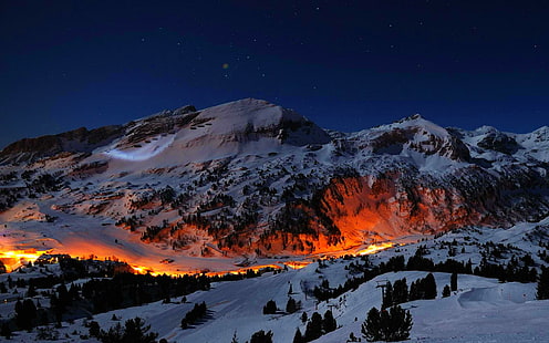 Гора Ночные Огни, зима, природа, гора, ночь, огни, HD обои HD wallpaper