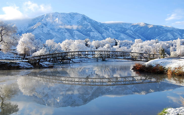 Lovely Winter, black metal bridge, snow, mountains, lake, nature, trees, HD wallpaper