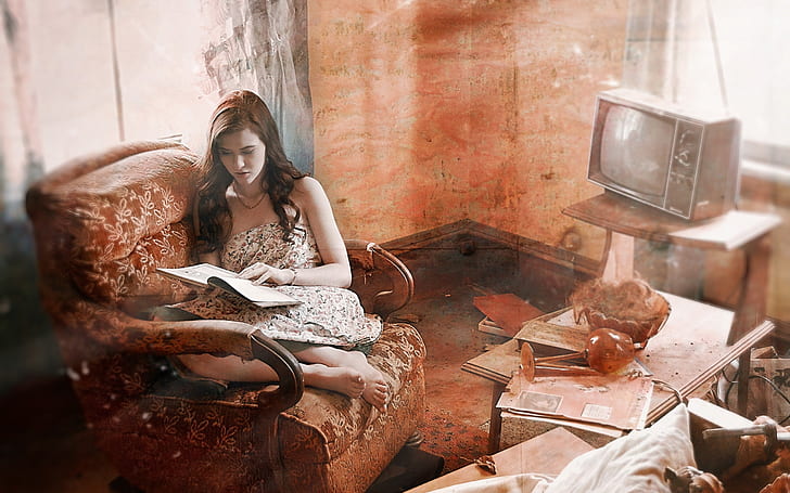 Стара къща, изоставена къща, момиче прочетена книга, Стара, къща, изоставено, момиче, прочетено, книга, HD тапет