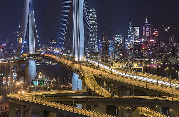 ночь, мост, город, огни, Гонконг, Китай, Stonecutters` Bridge ， Гонконг, HD обои