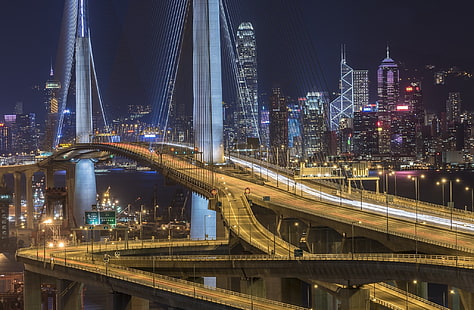 夜、橋、都市、ライト、香港、中国、ストーンカッターズ橋、香港、 HDデスクトップの壁紙 HD wallpaper
