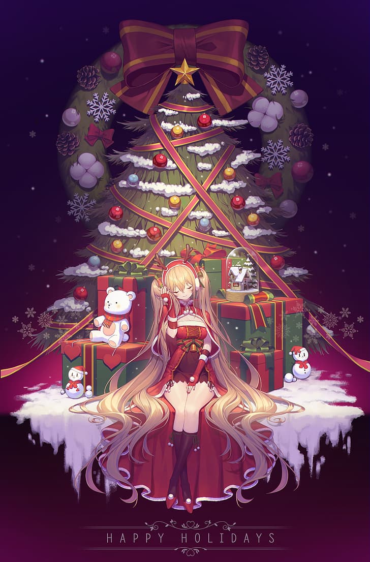 anime girls, Santa costume, Christmas Tree, Christmas presents, HD wallpaper