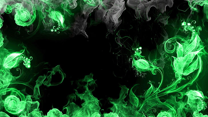 녹색 불 그림, 추상, 파랑, 연기, 검정, HD 배경 화면