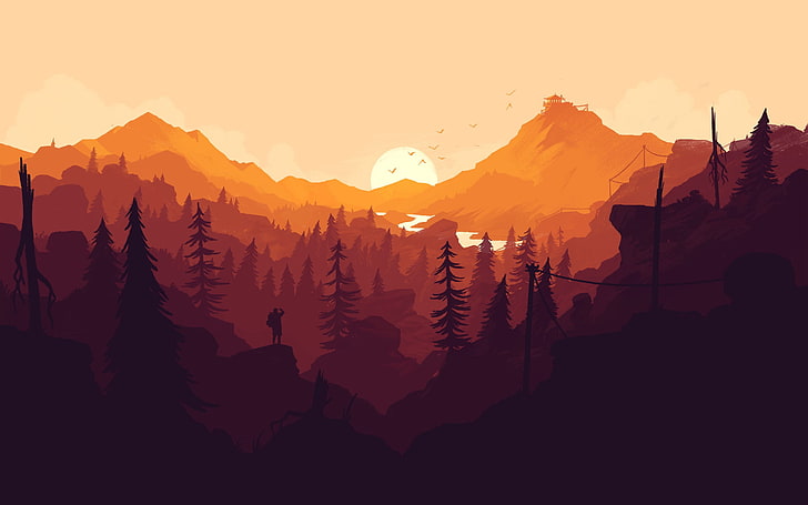 orange mountains wallpaper, Firewatch, mountains, forest, video games, Olly Moss, HD wallpaper