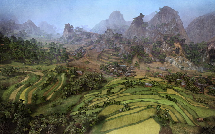 rice field terrain, greens, summer, landscape, nature, game, graphics, field, Mountains, art, panorama, sky, WoT, World of Tanks, boot screen, map 