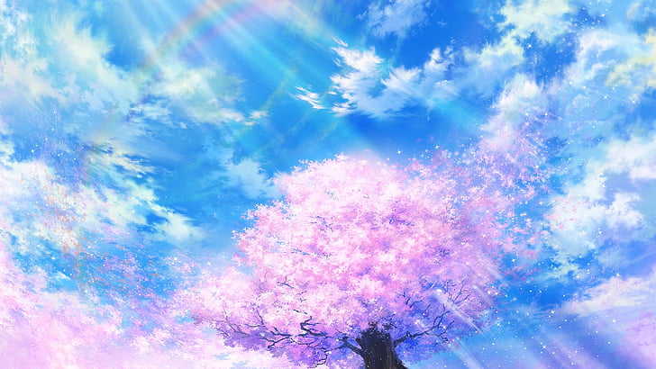céu, arte anime, primavera, luz solar, flor, sakura, HD papel de parede