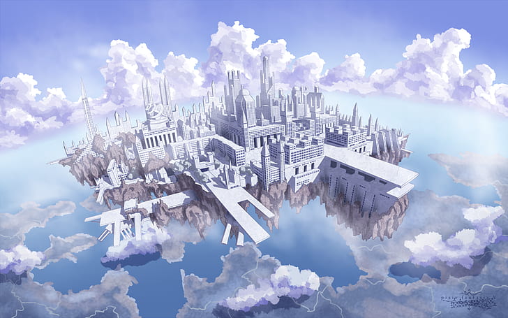 плавающий остров, облака, здание, небо, Pixiv Fantasia, HD обои
